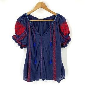Ulla Johnson Red Navy Embroidered Puff Sleeve Tassel Blouse sz 8